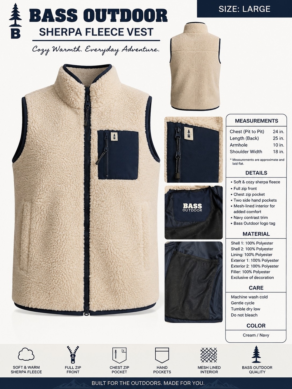 Bass Outdoor Cream Sherpa Fleece Vest with Navy Trim S/LG